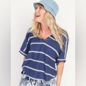 ☀️ Old Navy Short Sleeve Striped Slub Knit Terry Hoodie Size XL